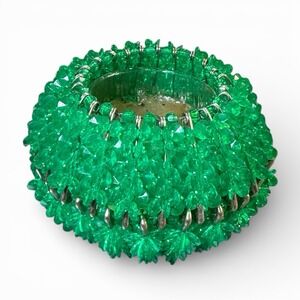 Vintage Handmade Green Beaded Safety Pin Candle Holder 3" Opening